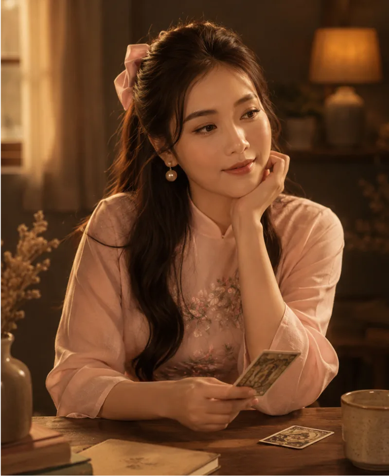 Linh ngồi bên bàn, tay cầm một lá bài Tarot